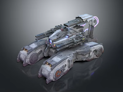 Futuristic Sci Fi Armored Vehicle With Multiple Turrets Treads And Energy Rings 3d model