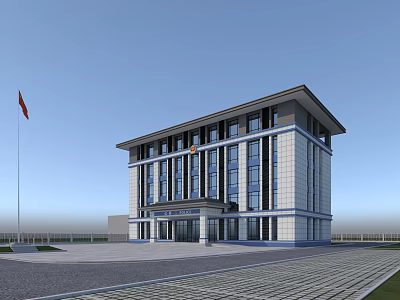Modern Multi Story Office Building Exterior With Flag Entrance Glass Windows And Paved Plaza 3d model
