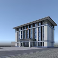 Modern Multi Story Office Building Exterior With Flag Entrance Glass Windows And Paved Plaza