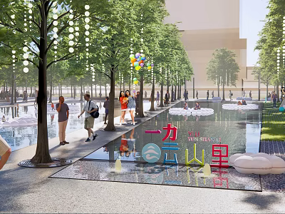 Vibrant Plaza Landscape With Lined Trees Colorful Balloons Water Pool And People Strolling 3d model