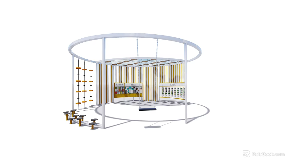 Circular Playground Equipment With White Frame And Wooden Climbing Elements 3d model 