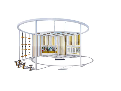 Circular Playground Equipment With White Frame And Wooden Climbing Elements 3d model