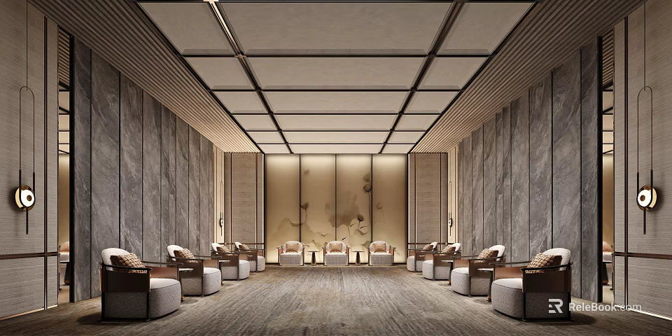 Modern Elegant Hotel Public Lounge Interior With Wooden Panel Walls Stone Accents And Comfortable Seating 3d model 