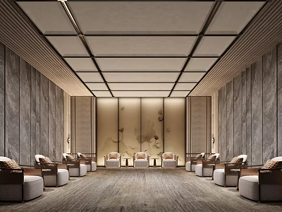 Modern Elegant Hotel Public Lounge Interior With Wooden Panel Walls Stone Accents And Comfortable Seating 3d model