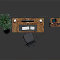 Modern Office Desk With Computer Monitor Keyboard Mouse Speakers Bookshelf Potted Plant And Framed Paintings