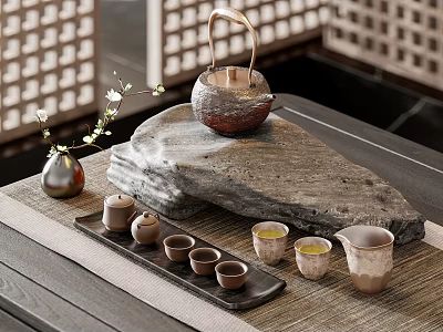 Traditional Chinese Tea Set With Stone Slab Small Teacups Fair Cup And Lattice Screen Background 3d model