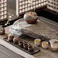 Traditional Chinese Tea Set With Stone Slab Small Teacups Fair Cup And Lattice Screen Background