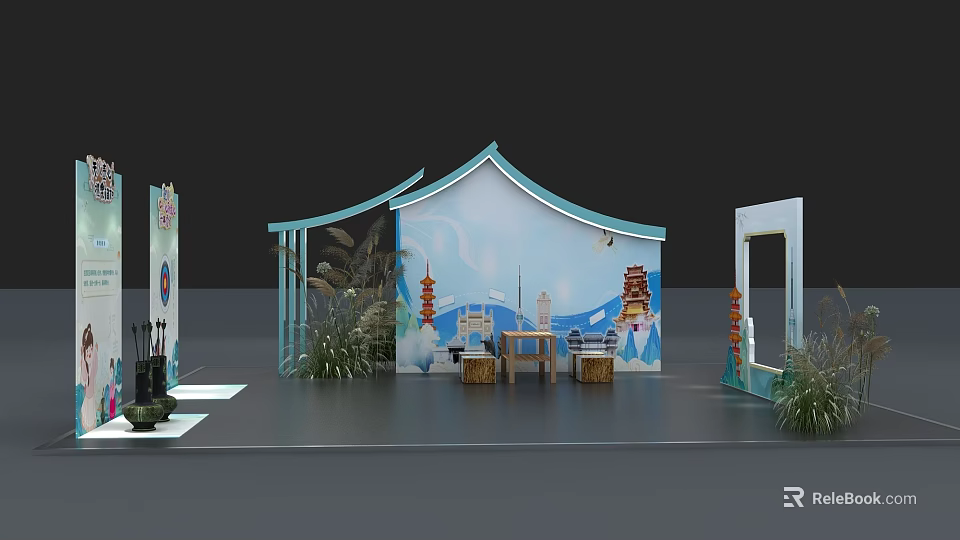 Interactive Zone Featuring Blue Tent like Structure Traditional Lanterns Tables Chairs And Decorative Plants 3d model 