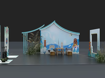 Interactive Zone Featuring Blue Tent like Structure Traditional Lanterns Tables Chairs And Decorative Plants 3d model