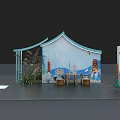 Interactive Zone Featuring Blue Tent like Structure Traditional Lanterns Tables Chairs And Decorative Plants