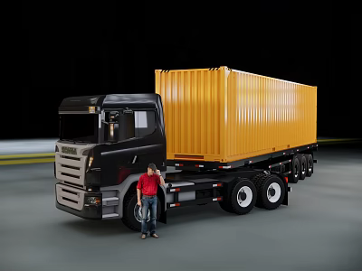 Black Container Truck With Yellow Cargo Container And Man Standing Beside 3d model
