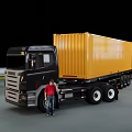 Black Container Truck With Yellow Cargo Container And Man Standing Beside