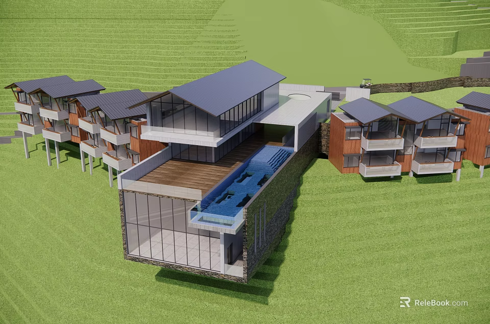 Modern Hotel Building with Swimming Pool Wooden Deck and Glass Facade in Green Landscape 3d model 