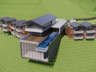 Modern Hotel Building with Swimming Pool Wooden Deck and Glass Facade in Green Landscape 3d model