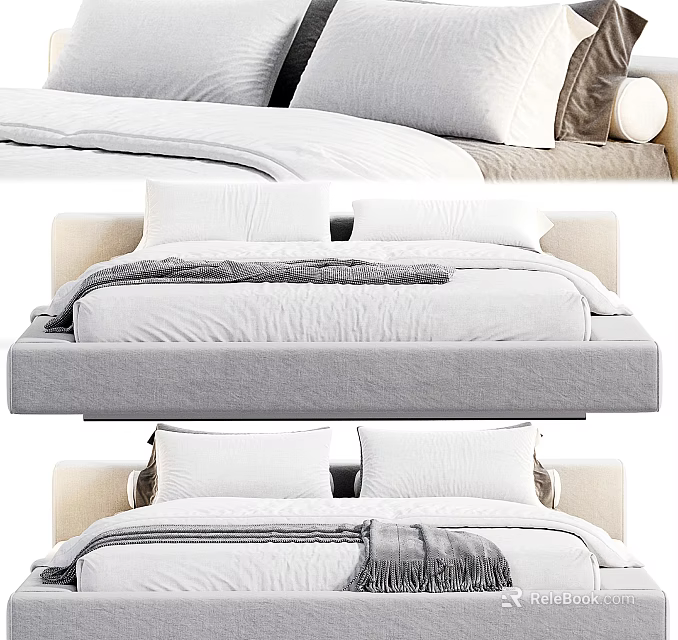 Modern Upholstered Double Bed With White Sheets Gray Throw Blanket And Pillows 3d model