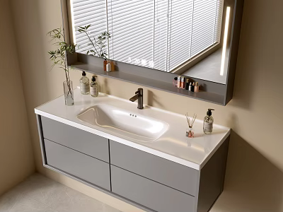 Modern Bathroom Cabinet With White Countertop Gray Drawers Mirror And Toiletries 3d model