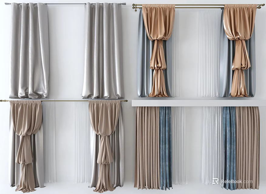 Stylish Curtain Designs With Gray Gold Brown Blue Pleated Draped And Sheer Panels 3d model 