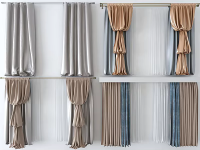 Stylish Curtain Designs With Gray Gold Brown Blue Pleated Draped And Sheer Panels 3d model