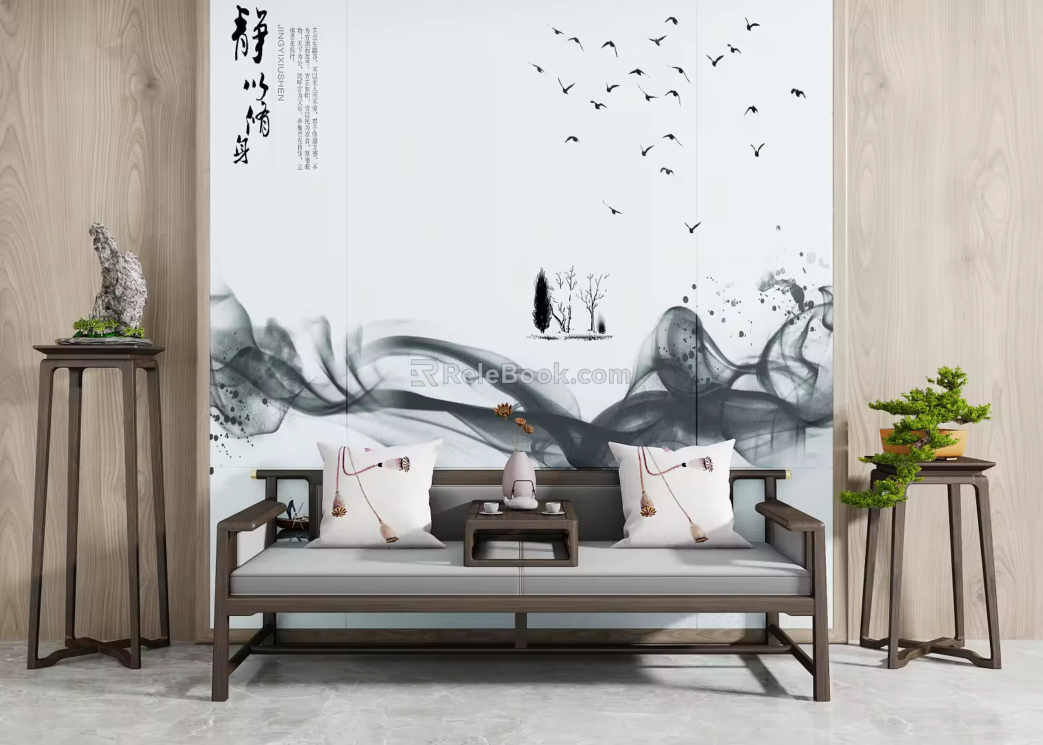 New Chinese-style Lohan Bed Lohan Bed Flower Frame Combination 3d model