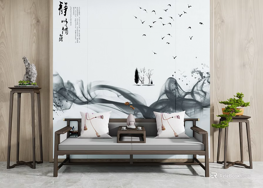 Traditional Chinese Luohan Bed with Ink Wash Landscape Backdrop Flying Birds Cushions and Tea Table 3d model 