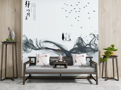 Traditional Chinese Luohan Bed with Ink Wash Landscape Backdrop Flying Birds Cushions and Tea Table 3d model
