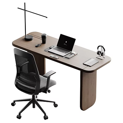 Modern Wooden Office Desk With Laptop Coffee Mug Lamp Headphones And Ergonomic Chair 3d model