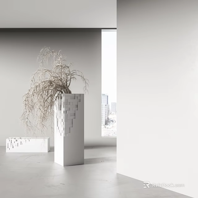 Bonsai Plant In White Columnar Planter With Slender Dried Branches By Window With City View 3d model 