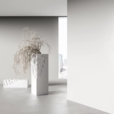 Bonsai Plant In White Columnar Planter With Slender Dried Branches By Window With City View 3d model