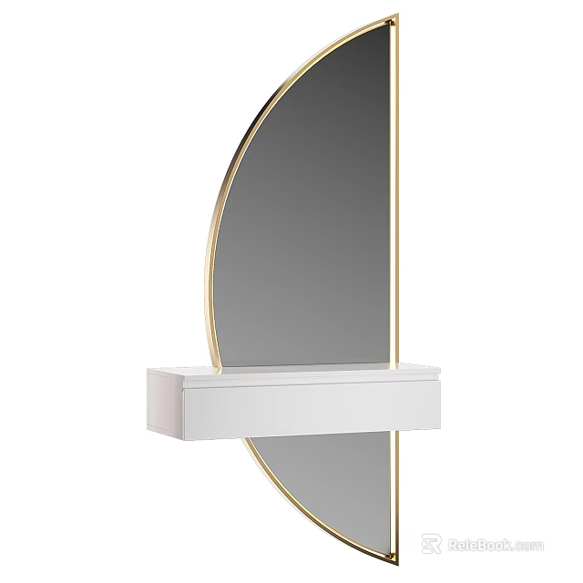 Half Moon Mirror with Gold Frame and White Storage Shelf Design 3d model