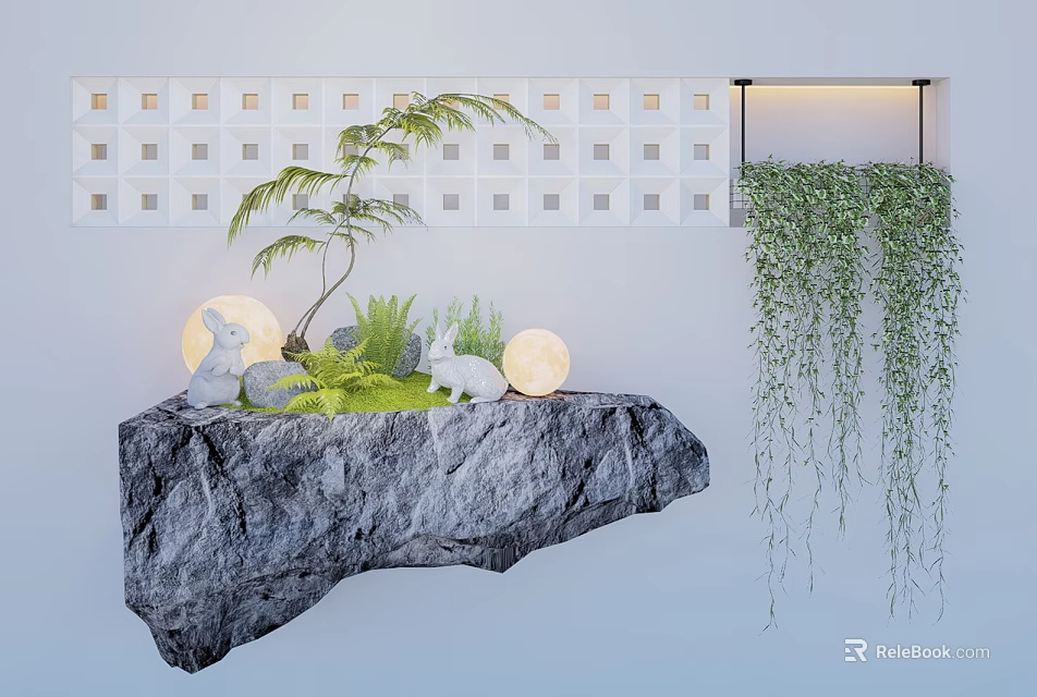 Indoor Landscape Design With Rock Shaped Platform Green Plants Moon Lamps And Hanging Vines 3d model 