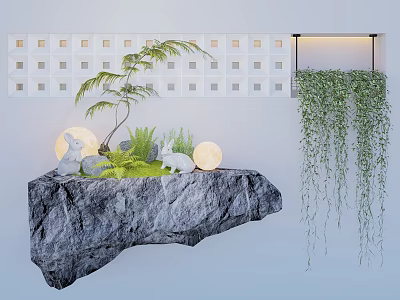 Indoor Landscape Design With Rock Shaped Platform Green Plants Moon Lamps And Hanging Vines 3d model
