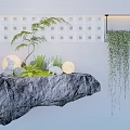 Indoor Landscape Design With Rock Shaped Platform Green Plants Moon Lamps And Hanging Vines