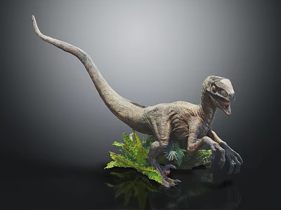 Lifelike Velociraptor Dinosaur Model In Dynamic Pose With Green Ferns And Sharp Claws 3d model