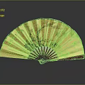 Traditional Chinese Fan with Yellow Surface Red Ribs Plum Blossom Bamboo and Calligraphy