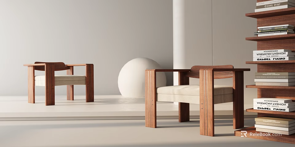 Modern Accent Chair Featuring Wooden Frame Beige Cushion And White Spherical Decor In Minimalist Interior 3d model 
