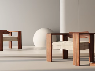 Modern Accent Chair Featuring Wooden Frame Beige Cushion And White Spherical Decor In Minimalist Interior 3d model