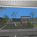 Tranquil Courtyard Garden With Wooden Pergola Outdoor Seating Lush Greenery And Mountain View