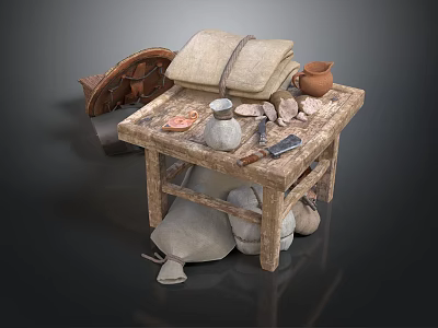Vintage Wooden Table With Scroll Clay Pot Small Bottle Knife Cloth Sacks And Wheel 3d model