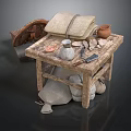 Vintage Wooden Table With Scroll Clay Pot Small Bottle Knife Cloth Sacks And Wheel