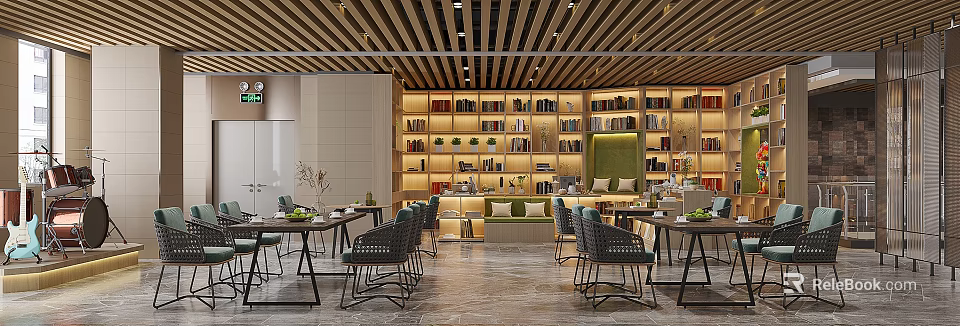 Book Art Inspired Library Interior With Bookcases And Greenery 3d model