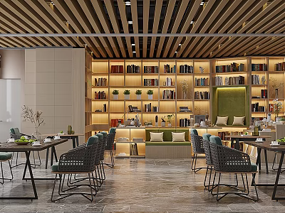 Book Art Inspired Library Interior With Bookcases And Greenery 3d model