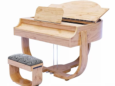 Wooden Piano with Modern Design and Stool Featuring Striped Cushion as Musical Instrument 3d model