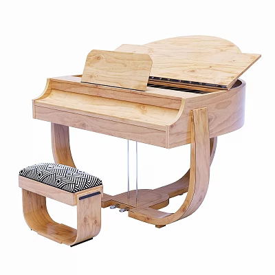 Wooden Piano with Modern Design and Stool Featuring Striped Cushion as Musical Instrument 3d model