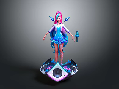 Futuristic Speaker Platform With Pink Haired Character Blue Outfit Wings And Microphone 3d model