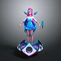 Futuristic Speaker Platform With Pink Haired Character Blue Outfit Wings And Microphone