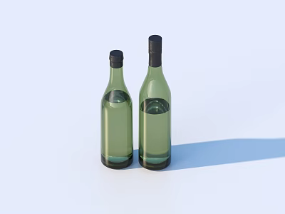 Two Green Wine Bottles With Black Caps And Liquid On Light Blue Background With Shadows 3d model