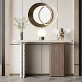 Elegant Console Table Design With Marble Top Round Mirror Vase Lamp And Angel Figurine