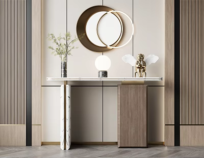 Elegant Console Table Design With Marble Top Round Mirror Vase Lamp And Angel Figurine 3d model