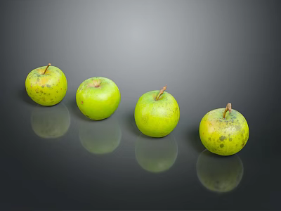 Four Fresh Green Apples With Small Spots On Black Background With Reflections 3d model