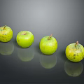 Four Fresh Green Apples With Small Spots On Black Background With Reflections